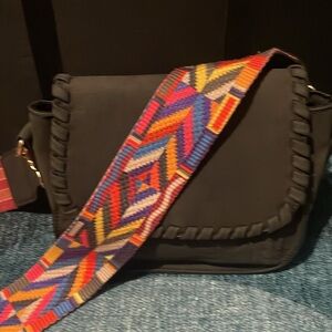 Black Crossbody Bag with Colorful Woven Strap Boho Adjustable Strap